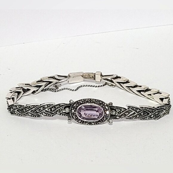Vintage Art Deco Sterling Silver Purple Amethyst Marcasite Crystal Bracelet - Picture 9 of 15